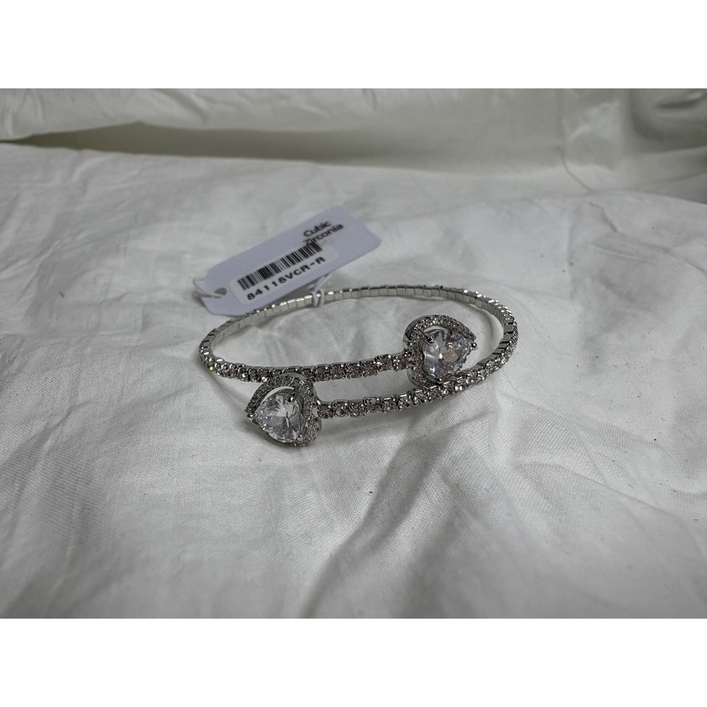Fashion Nova Cubic Zirconia Heart Cuff Bangle Bracelet Silver Tone